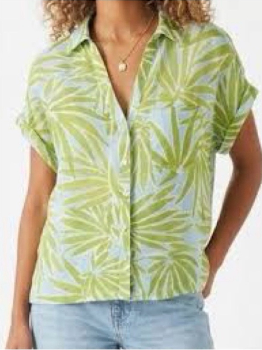 Sigrid Olsen 100% linen blue green leaves short sleeve boxy button up top Large